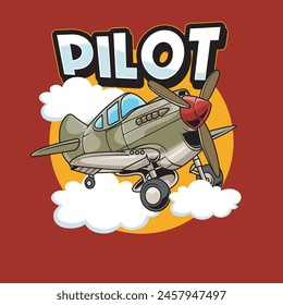 Vector Illustration of Piston Aircraft with PILOT words with Cute Cartoon Illustration Available for Plane Badge