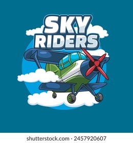 Vector Illustration of Piston Aircraft with SKY RIDERS words with Cute Cartoon Illustration Available for Plane Badge