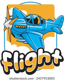 Vector Illustration of Piston Military Aircraft with FLIGHT words with Cute Cartoon Illustration Available for Plane Badge