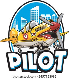 Vector Illustration of Piston Military Aircraft with PILOT words with Cute Cartoon Illustration Available for Plane Badge