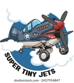 Vector Illustration of Piston Military Aircraft with SUPER TINY JETS words with Cute Cartoon Illustration Available for Plane Badge