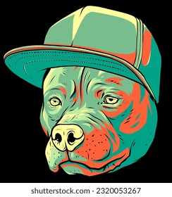 vector illustration of Pitbull dog in cap on black background