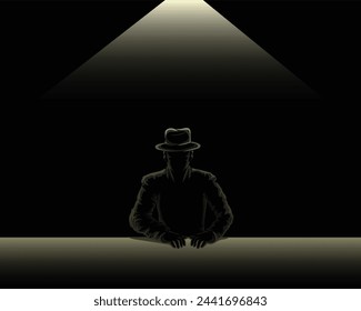vector illustration of a pitch black silhouette with a lamp light effect on it and there is a figure of a man in a suit and hat sitting in front of him at a table and the man looks like a mafia