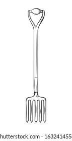 Vector illustration of pitch fork gardening tools and utensils isolated on a white background, garden manteinance, landscaping and hobby concept, sketch style, line art.