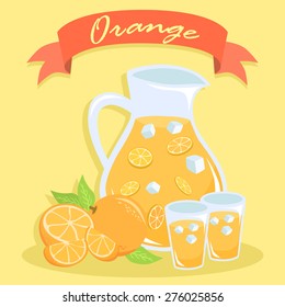 Vector illustration of a pitcher and glass of fresh orange juice fruit in yellow background with red banner.
