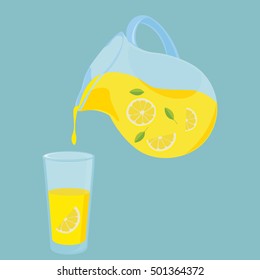 Vector illustration pitcher ( jug ) and glass of lemon drink with lemon fruit slice and leaf. Fresh lemonade icon.