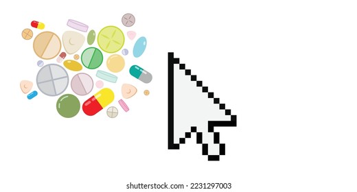 vector illustration of pixel arrow and medicine for online order of medical treatments