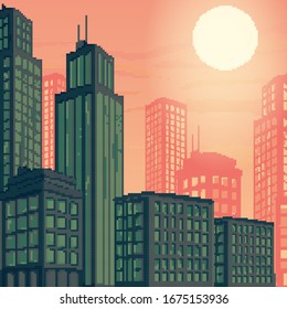 Vector illustration of pixel art city. Pixel art  retro futuristic background for game. 8 bit. Pixel sunset city.