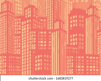 Vector illustration of pixel art city. Pixel art  retro futuristic background for game. 8 bit. Pixel sunset city.