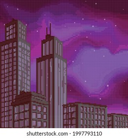 Ilustración vectorial de la ciudad del arte de píxeles. Arte Pixel retro fondo futurista para el juego. 8 bits.