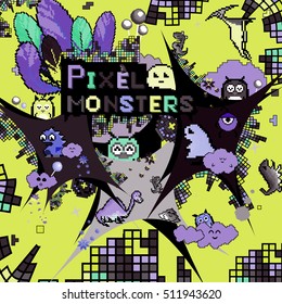 Vector illustration of pixel art cute and funny monsters. Many symbols and objects for backgrounds. Cute cartoon colorful doodles.