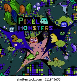 Vector illustration of pixel art cute and funny monsters. Many symbols and objects for backgrounds. Cute cartoon colorful doodles.