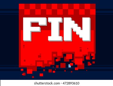 A vector illustration of pixel art fin icon on red background