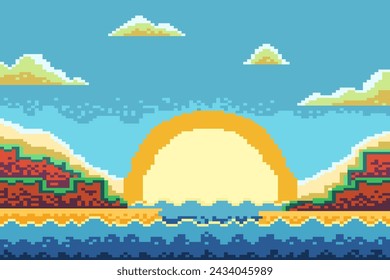 vector illustration pixel art of highlands landscapes Sunrise background