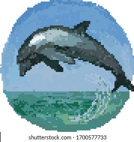 vector illustration pixel art with jumping dolphin in the ocean