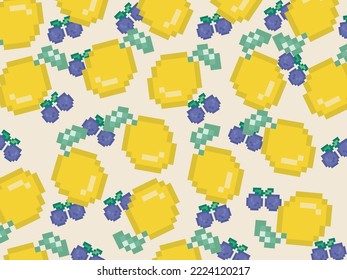 Vector illustration of pixel art, lemon and blueberry pattern background.