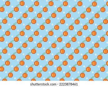 Vector illustration of pixel art, orange fruits pattern on light blue background.