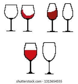 Vector illustration of pixel art style wine glasses isolated on white background