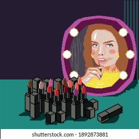 A vector illustration in pixel art style with woman looking in a illuminated mirror, wearing lipstick; copy space for text