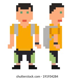 vector illustration - pixel art style drawing of person in yellow t-shirt and shorts with backpack, isolated 8 bit on white background