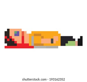 vector illustration - pixel art style drawing passed out boy with black eye and blood on his head, isolated vintage on white background