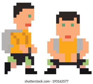 vector illustration - pixel art style drawing of bended person in yellow t-shirt and shorts with backpack, isolated 8 bit on white background