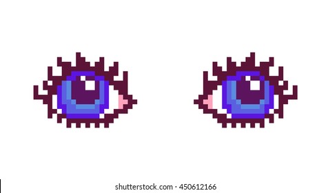 Vector illustration, pixel art woman blue eyes with long eyelashes isolated on white background.
