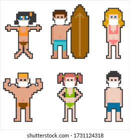 Vector illustration of pixel beach people with medical mask.