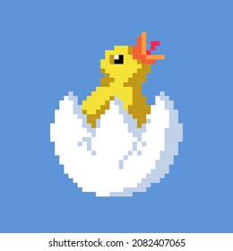 Vector illustration of a pixel chick in a cracked egg shell. Retro game art style, screaming character on a blue background