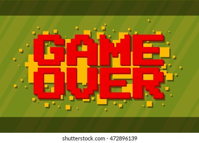 A vector illustration of Pixel computer game over screen on green background