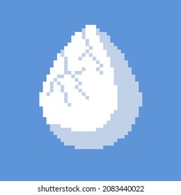 Vector Illustration Of A Pixel Cracked Egg On A Blue Background. Cracked Egg Shell. 8 Bit Retro Game Art