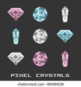 vector illustration / pixel crystals and diamonds