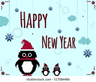 Vector illustration of pixel cute cartoon penguins and Happy New Year.