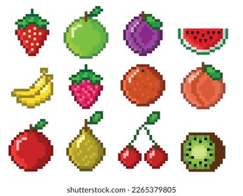 Ilustración vectorial del juego de frutos de píxeles.