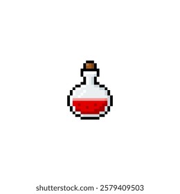 Vector illustration of pixel glass bottle with red liquid. 8 bit. For Valentine's Day and witchcraft themes. Retro style of 80s - 90s. Isolated background. Design for game, decoration or sticker.