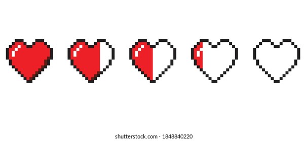 Vector illustration of pixel hearts. Video game health bar.