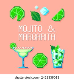 vector illustration of pixel images of alcoholic cocktails mojito and margarita