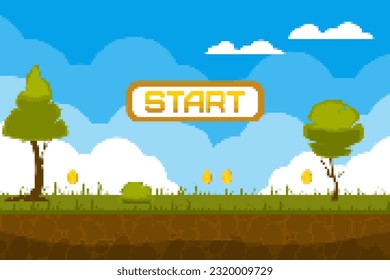 Vector illustration of pixel landscape for game. Cartoon scene of a summer landscape from pixels, with the sky, clouds, trees, bushes, grass, earth, coins and a button with the inscription start.