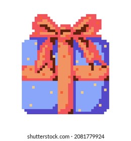 Vector illustration of a pixel lilac Birthday gift box with red bow and ribbon. Holiday present, celebration. Retro 8 bit style. Surprise
