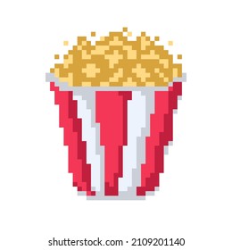 Vector illustration of a pixel popcorn bucket on a white background. 8 bit retro game art style. Cinema, movie. Food, snack. Striped box