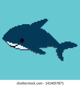 Vector illustration pixel shark. Pixel art. 8 bit. Funny cute shark. Cartoon character shark.