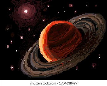 
Vector illustration with pixel space location. Jupiter with rings on the background of a bright star