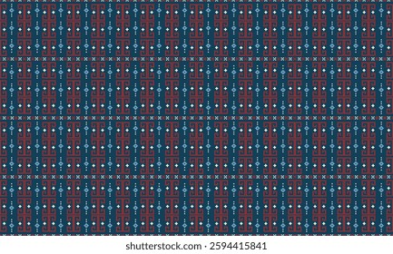 Vector illustration in pixel style featuring a modern Chinese pattern on a dark blue background. Ideal for fabrics, curtains, rugs, wallpapers, and bed linens. Created as a seamless pattern.