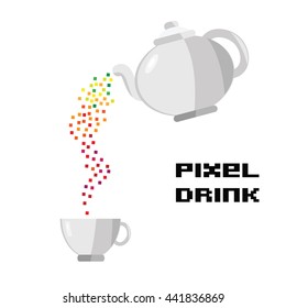 vector illustration / pixel style liquid pouring from teapot to cup / creative pixelart concept for cafe or digital agency