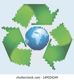 Vector illustration of pixel symbol  of recycling symbol and Earth