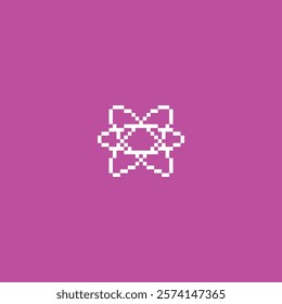 Vector illustration of a pixelated atom symbol in white on a bright pink isolated background. Retro y2k element. Design in the style of the 80s-90s. For a logo, sticker or video game.