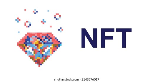 vector illustration of pixelated crystal with NFT title for blockchain system values