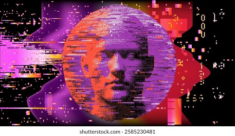 Vector illustration with a pixelated, glitch effect showcases a stylized human face in purple and orange tones. Digital distortions and vibrant streaks of color enhance its futuristic aesthetic.
