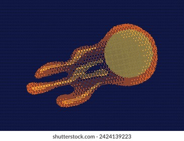 Vector illustration of pixelated meteor. Burning space comet isolated on blue background.