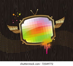 Vektorgrafik - pixeliger TV-Bildschirm in goldenem Vintage-Rahmen auf schwarzem Holzhintergrund